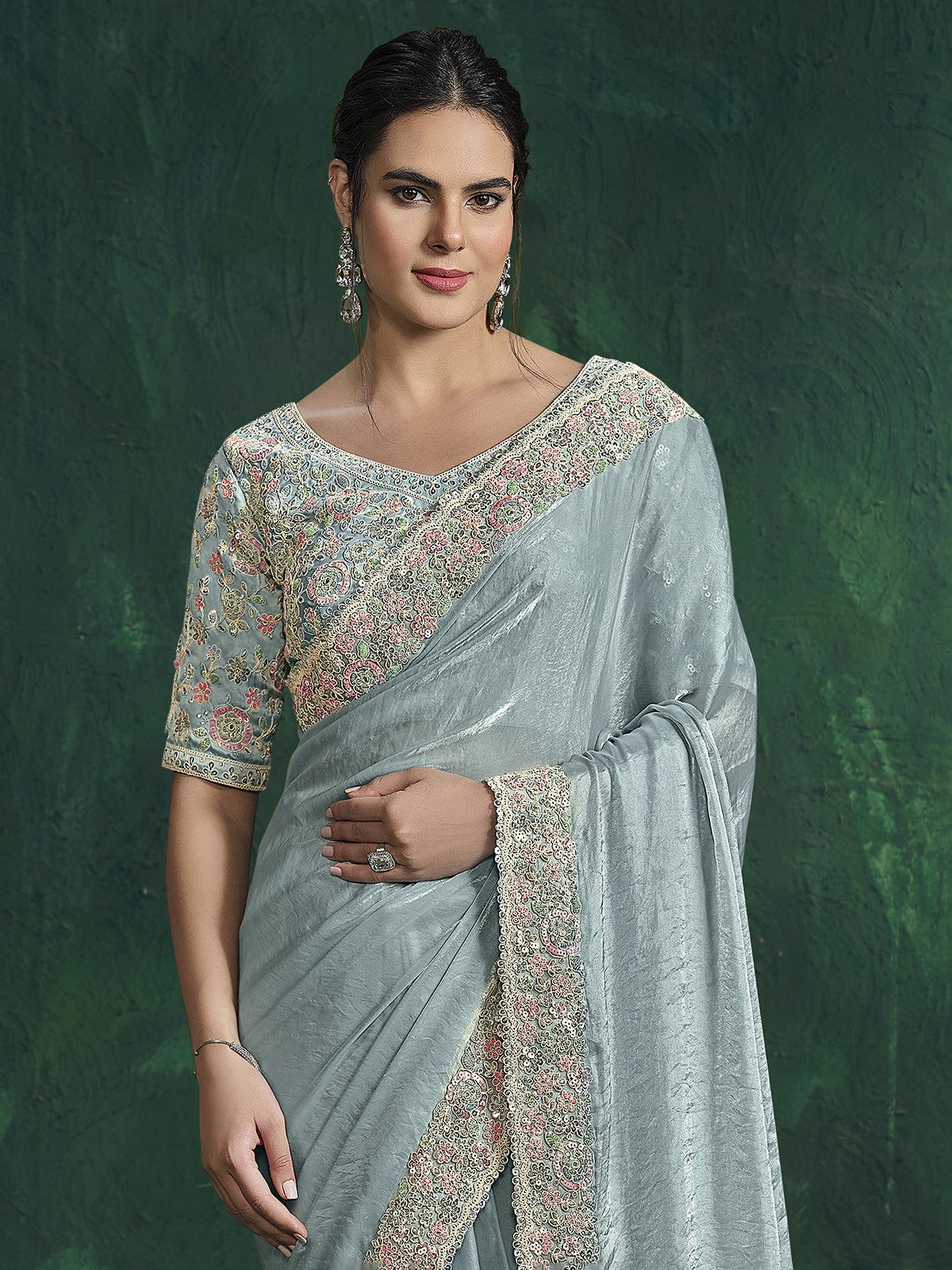 Mint blue shimmer satin silk saree