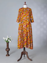 Mustard yellow floral printed cotton silk kurti