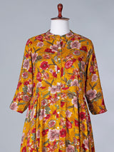 Mustard yellow floral printed cotton silk kurti