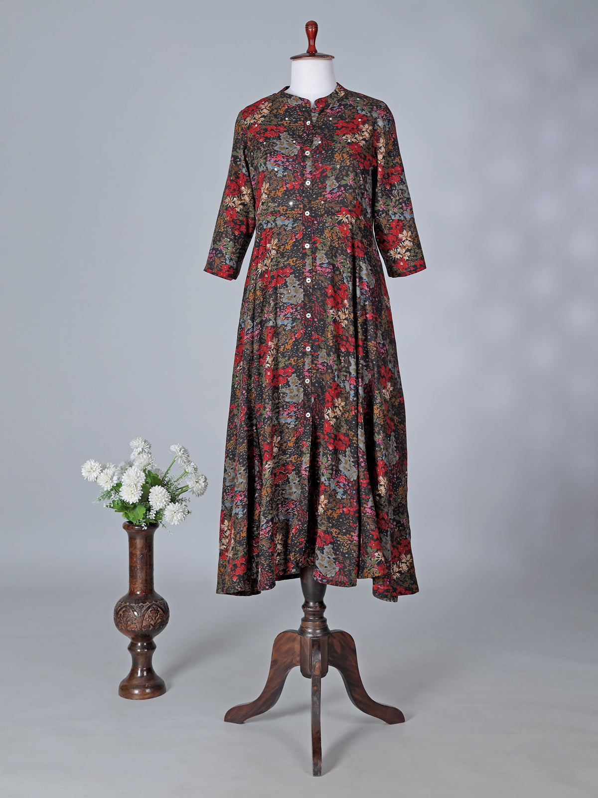 Black casual wear cotton silk kurti with floral print