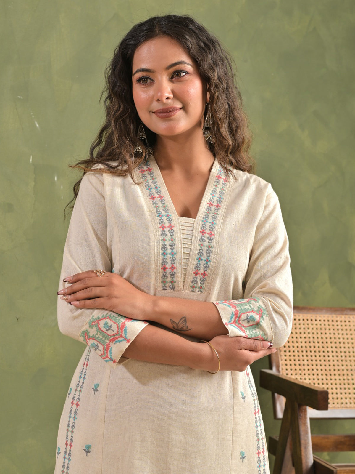 Off white casual wear cotton kurti set for women