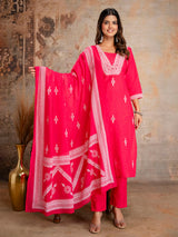 Magenta cotton silk kurti set with thread work