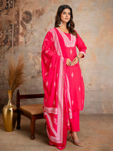 Magenta cotton silk kurti set with thread work