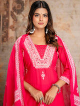 Magenta cotton silk kurti set with thread work