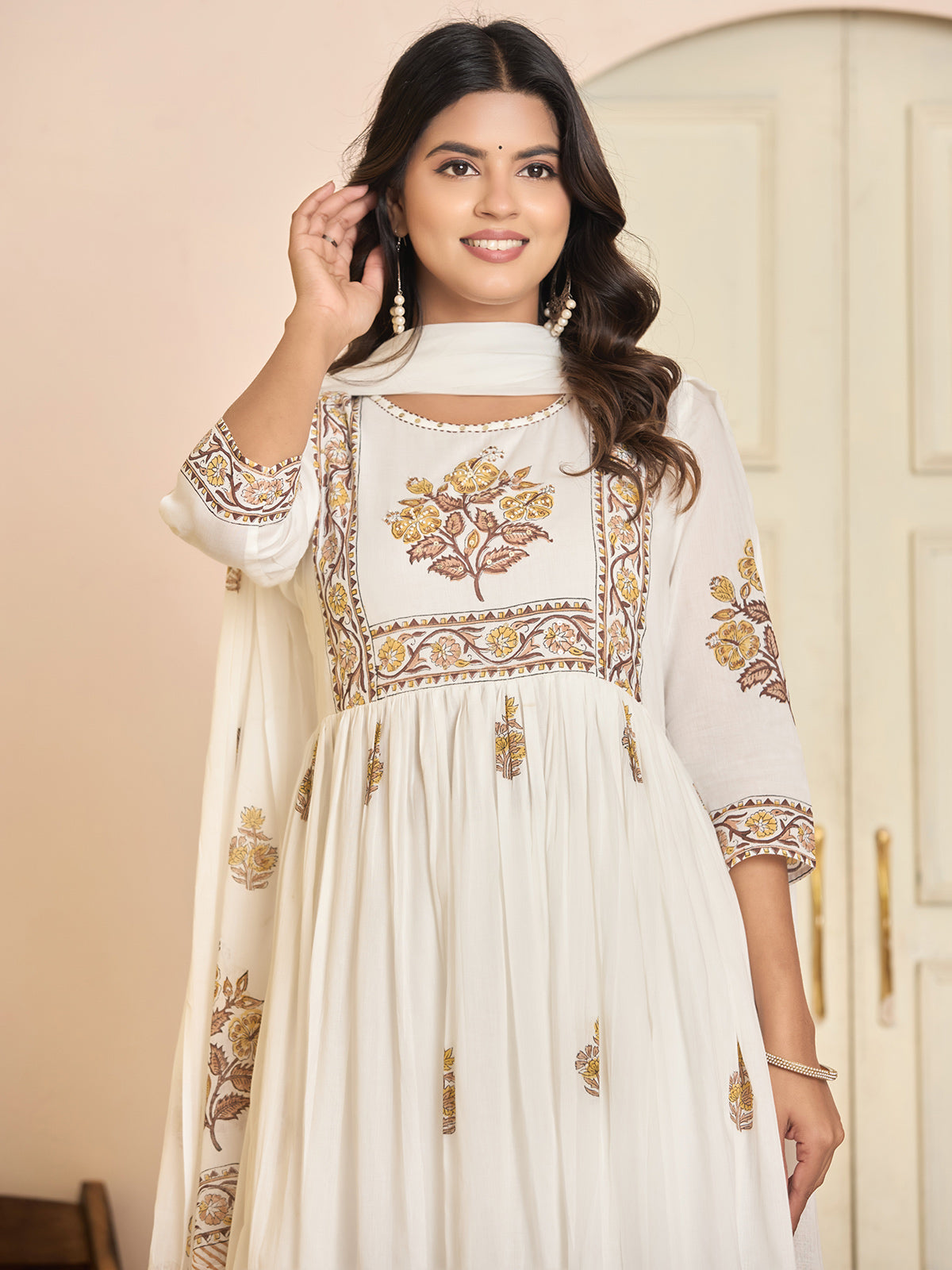 White cotton printed kurti set for classy casual look