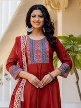 Maroon cotton printed kurti set with printed dupatta