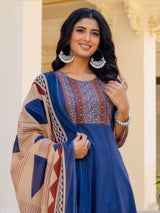 Blue cotton round neck kurti set with print