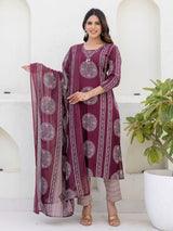 Light wine printed straight cut cotton kurti set
