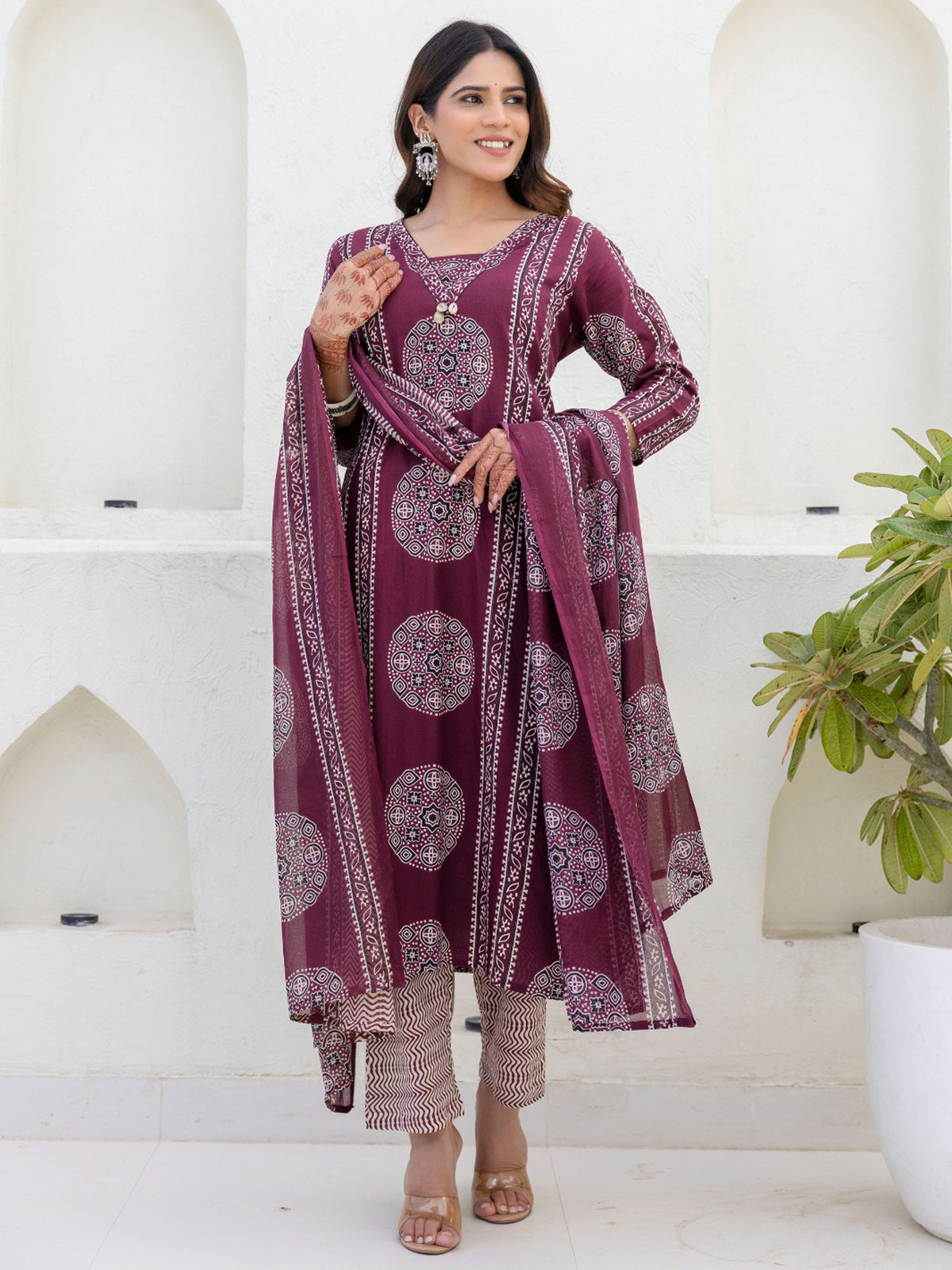 Light wine printed straight cut cotton kurti set