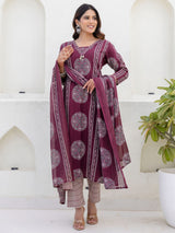 Light wine printed straight cut cotton kurti set