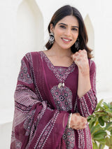 Light wine printed straight cut cotton kurti set