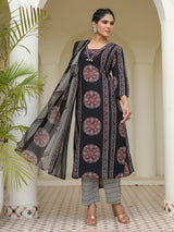Black straight cut cotton printed kurti set