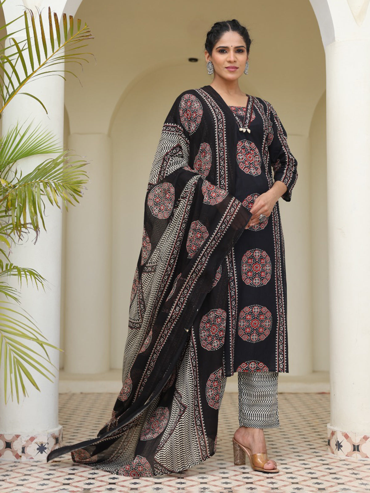 Black straight cut cotton printed kurti set