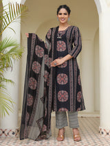 Black straight cut cotton printed kurti set
