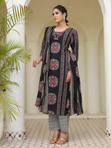 Black straight cut cotton printed kurti set