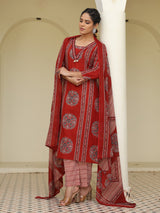 Maroon cotton printed kurti set in straight cut