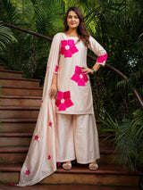 Cream printed crepe silk palazzo kurti set