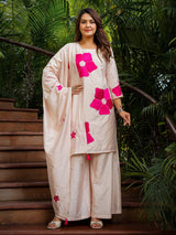 Cream printed crepe silk palazzo kurti set
