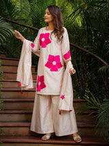 Cream printed crepe silk palazzo kurti set