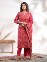 Redish pink cotton silk printed festival wear kurti set