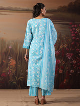 Sky blue cotton printed festival wear kurti set