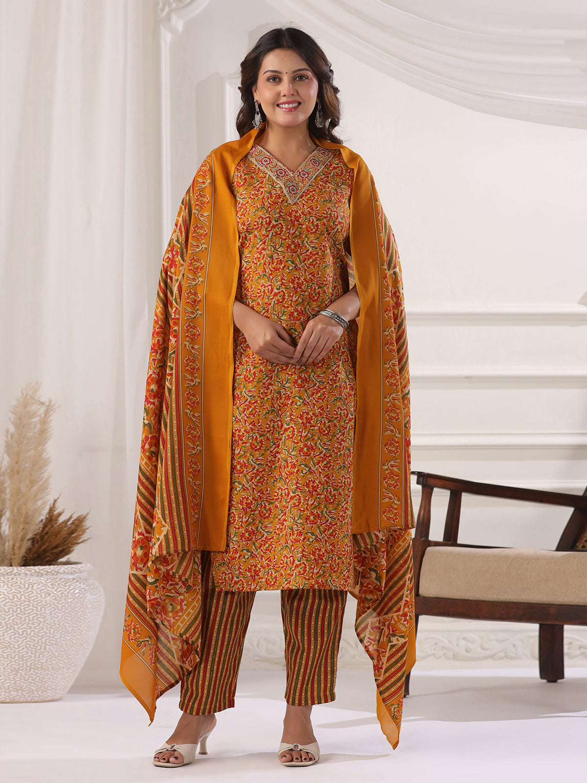 Mustard yellow cotton printed kurti set with V neckline