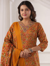 Mustard yellow cotton printed kurti set with V neckline