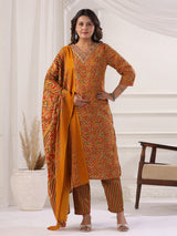 Mustard yellow cotton printed kurti set with V neckline