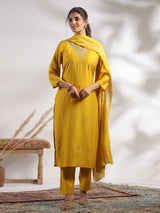 Yellow cotton silk festival wear kurti set