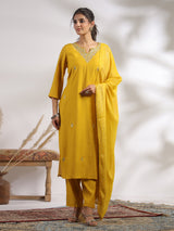 Yellow cotton silk festival wear kurti set