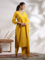 Yellow cotton silk festival wear kurti set