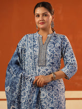 Rama blue cotton printed kurti set with stand collar