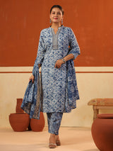 Rama blue cotton printed kurti set with stand collar