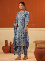 Rama blue cotton printed kurti set with stand collar