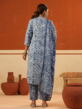 Rama blue cotton printed kurti set with stand collar