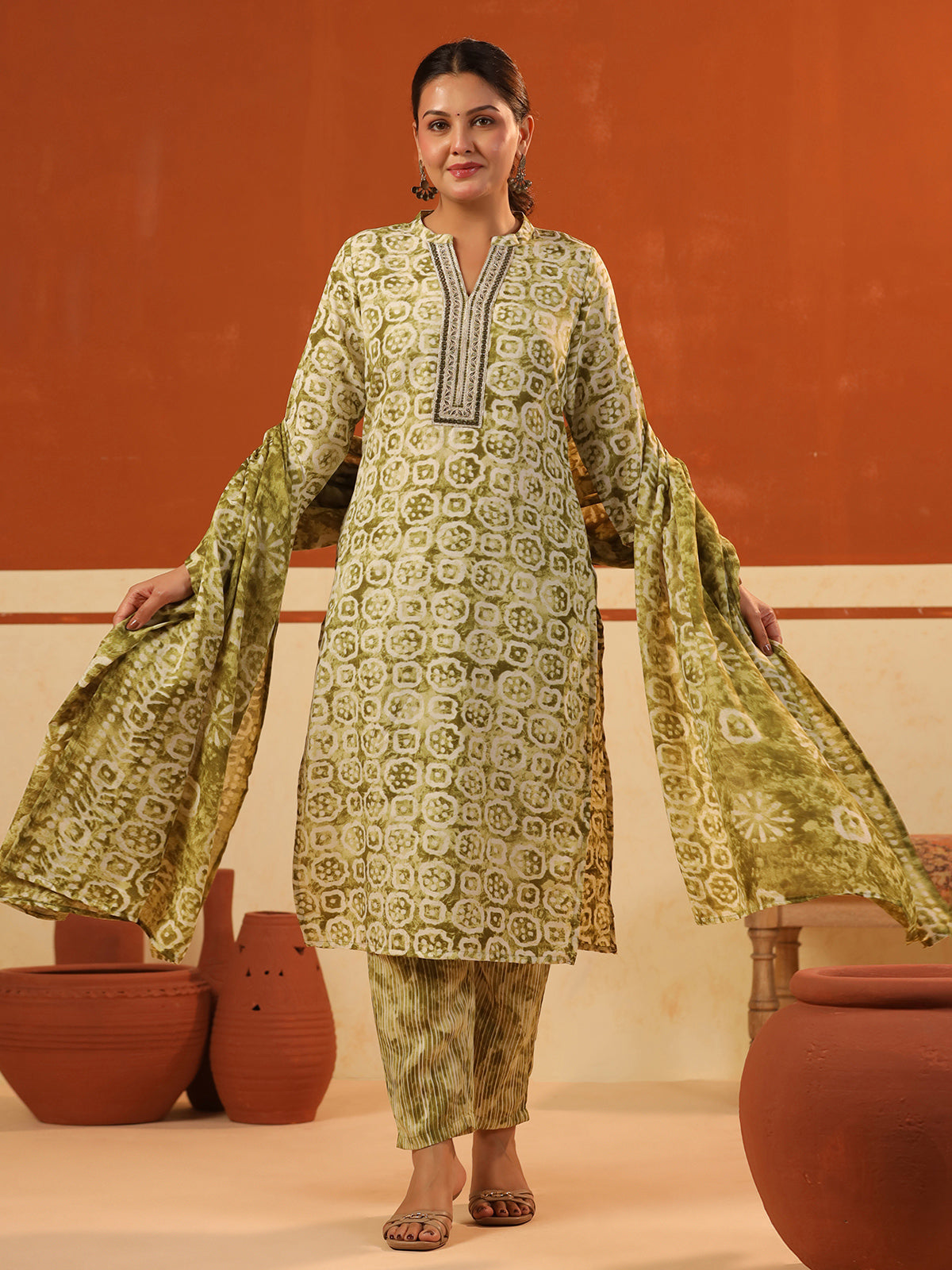 Olive green cotton printed kurti set with stand collar