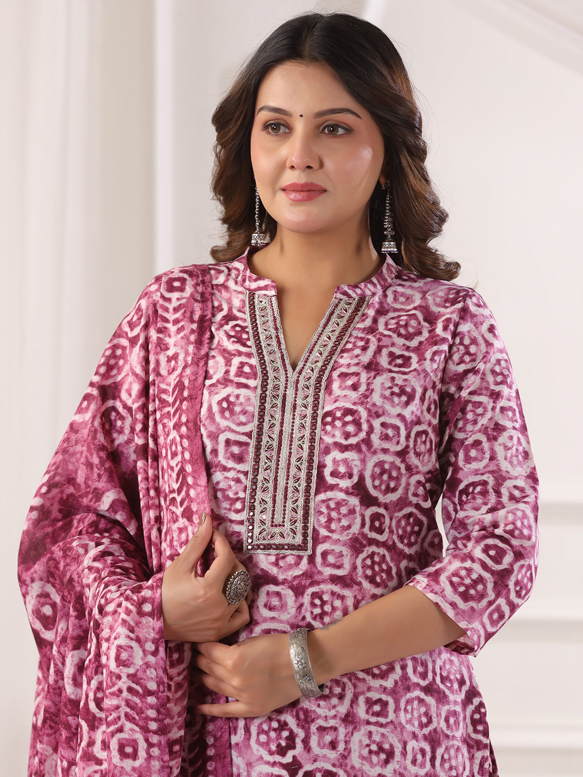 Light wine cotton printed kurti set with stand collar