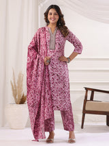 Light wine cotton printed kurti set with stand collar