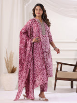 Light wine cotton printed kurti set with stand collar