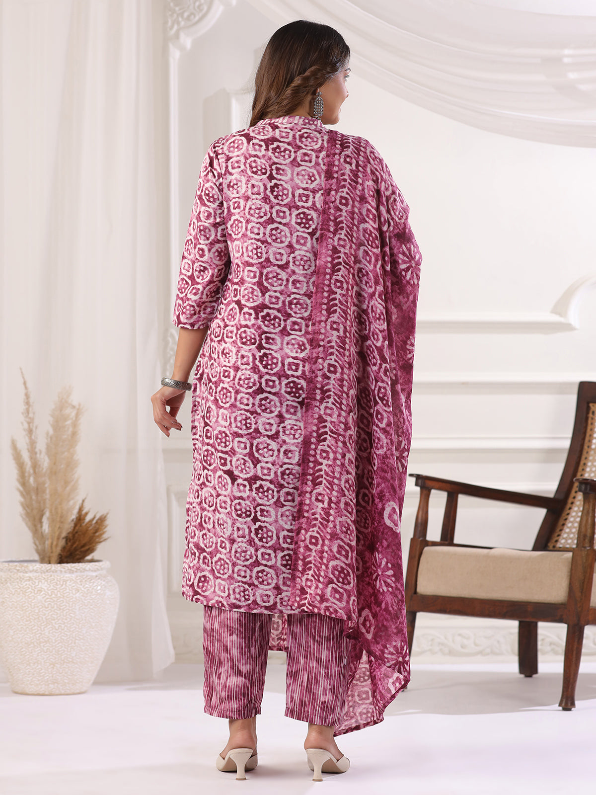 Light wine cotton printed kurti set with stand collar
