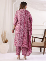Light wine cotton printed kurti set with stand collar