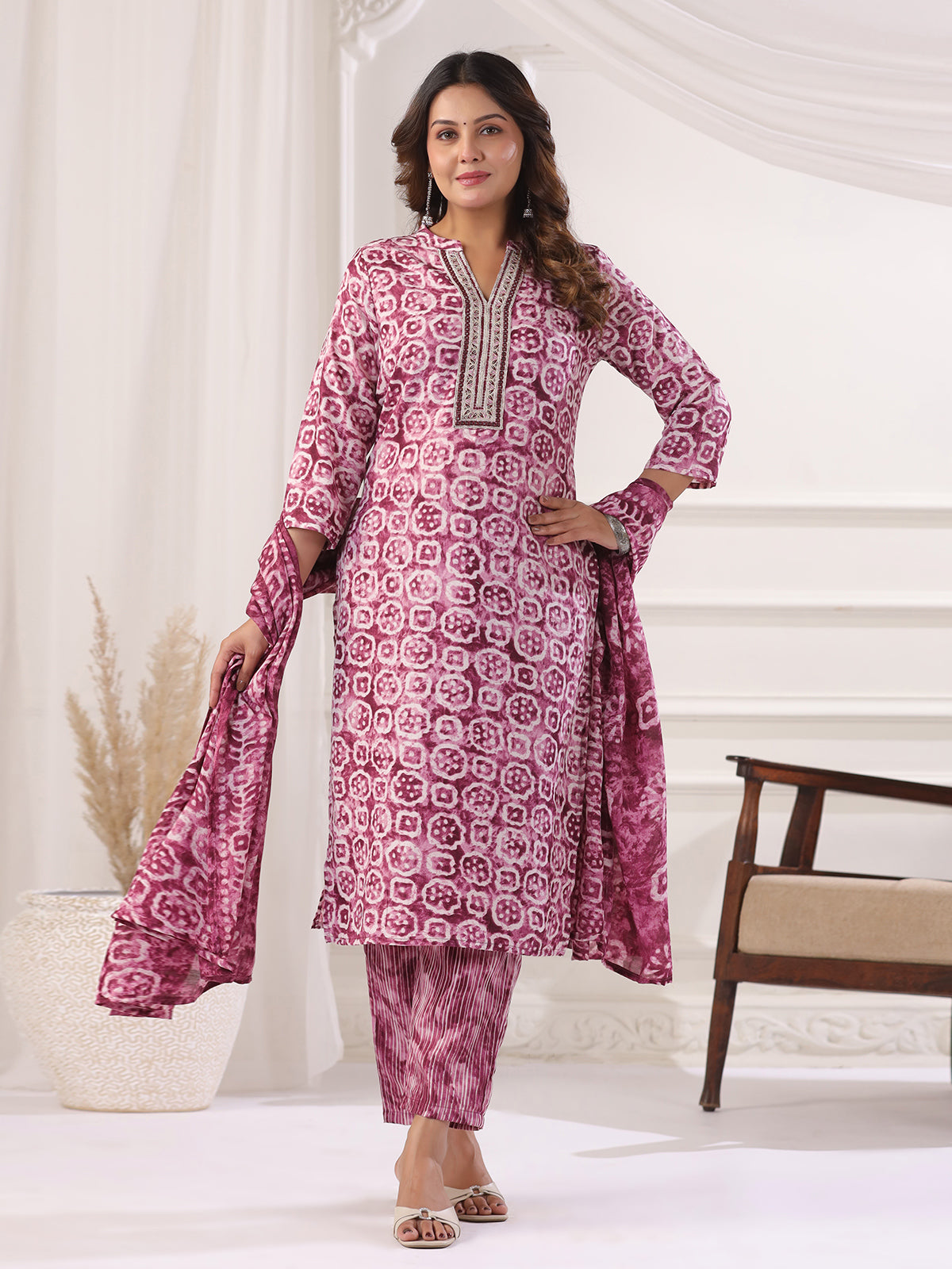 Light wine cotton printed kurti set with stand collar