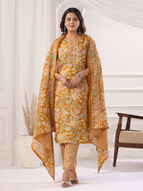 Mustard yellow cotton printed festival wear kurti set