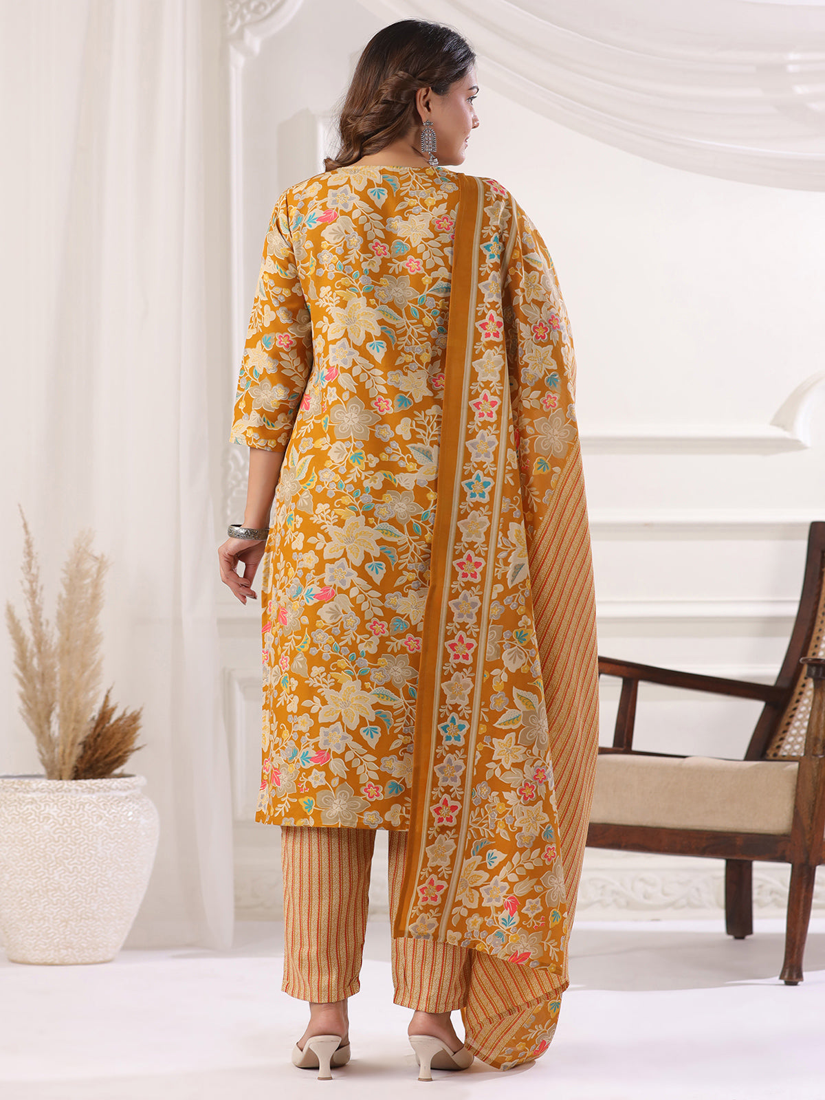 Mustard yellow cotton printed festival wear kurti set