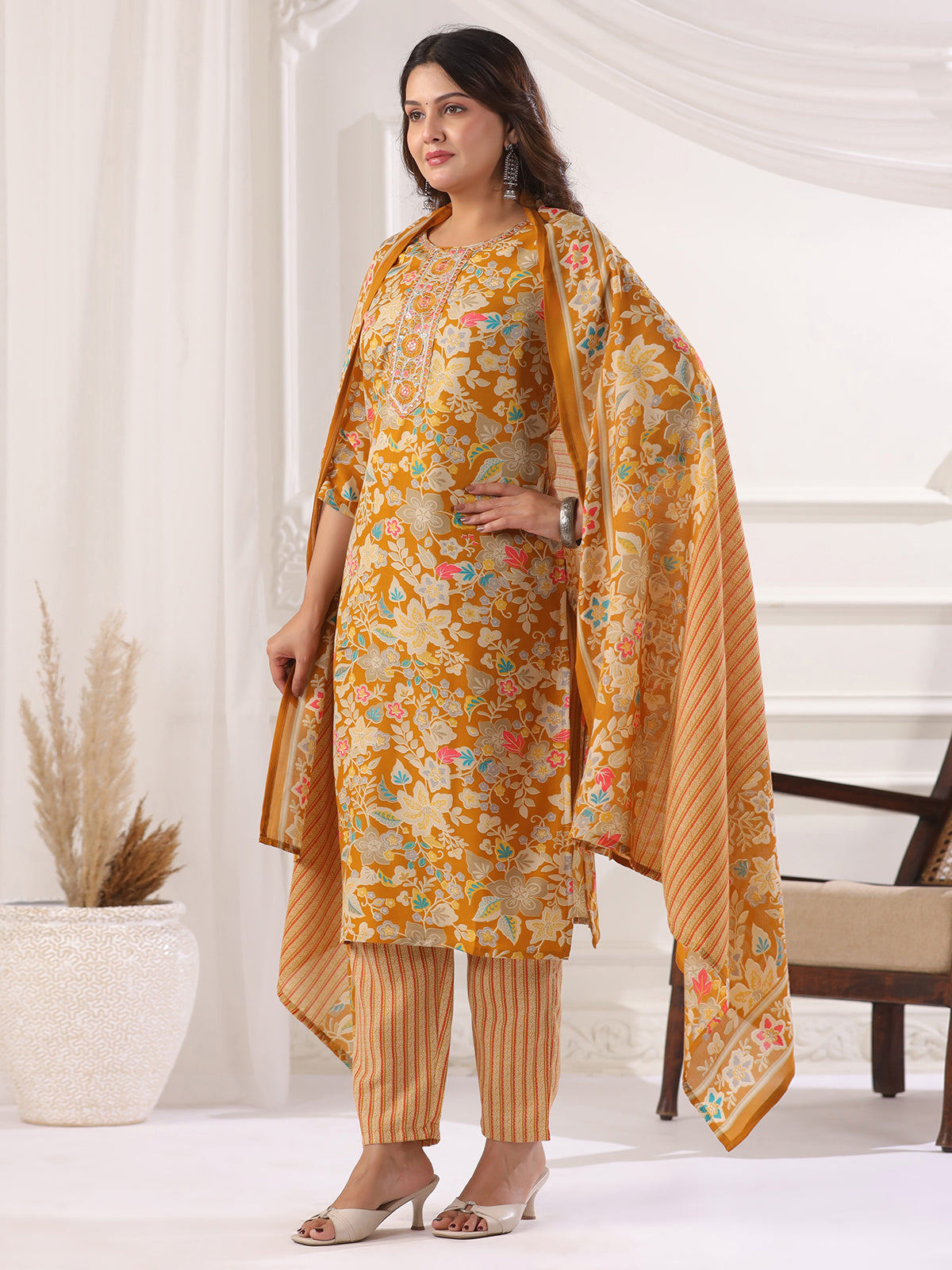 Mustard yellow cotton printed festival wear kurti set