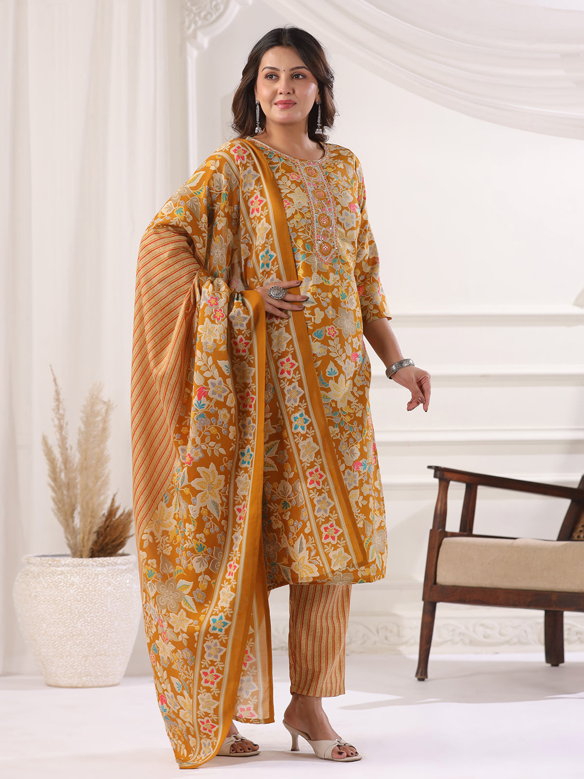 Mustard yellow cotton printed festival wear kurti set