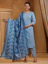 Blue cotton printed festival wear kurti set for women