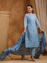 Blue cotton printed festival wear kurti set for women
