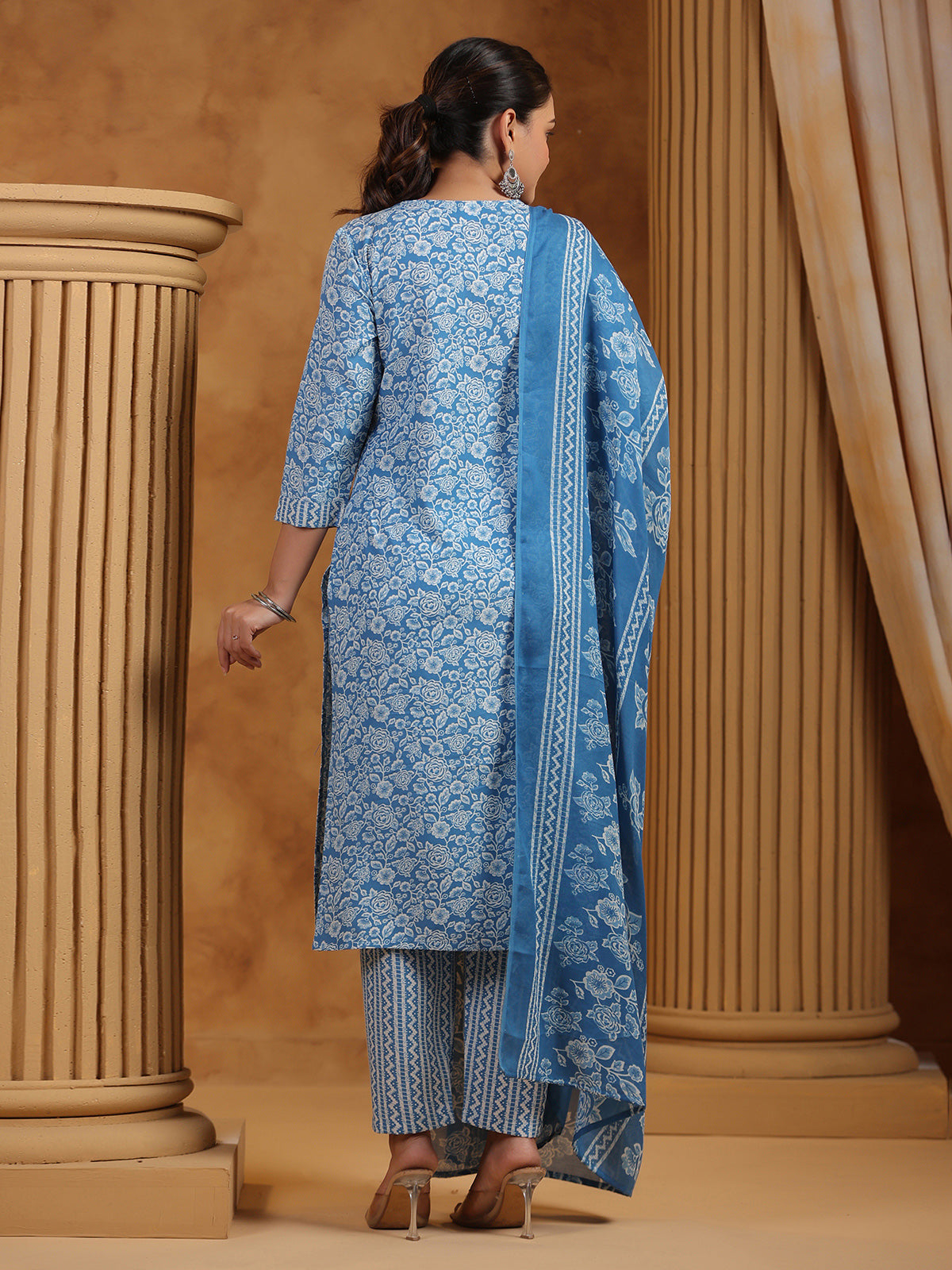 Blue cotton printed festival wear kurti set for women