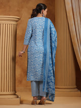 Blue cotton printed festival wear kurti set for women